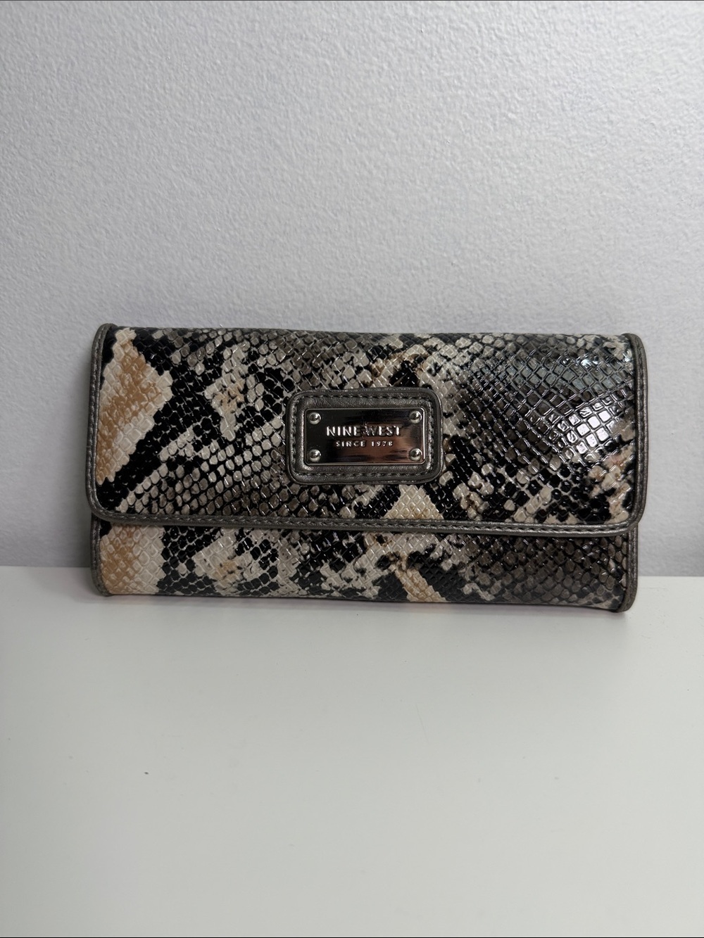 Nine West Glossy Snake-Print Foldover Wallet - Black, Cream, Tan